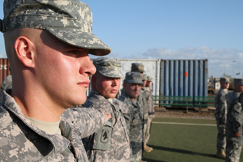 Sgt. James Osbourne looks forward as the command for dress-right dress is given. Photo credit: Capt. Daniel Van Horn, Task Force Longrifles PAO